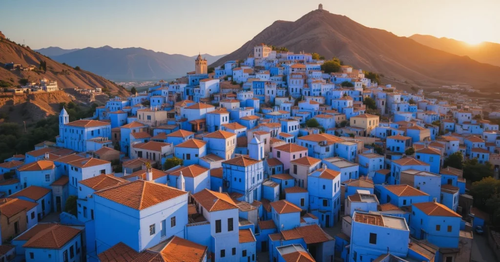 Chefchaouen blue city Morocco aerial view Rif Mountains medina architecture traditional buildings