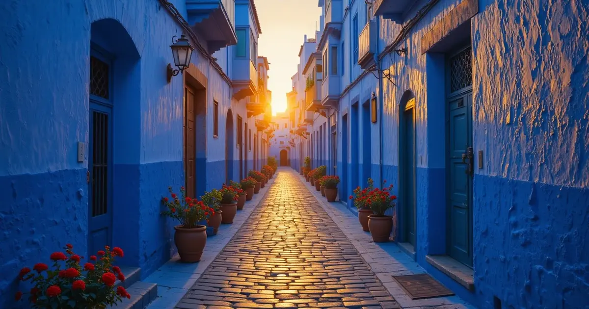 Chefchaouen blue alley Morocco cobblestone street medina architecture golden light traditional doorways