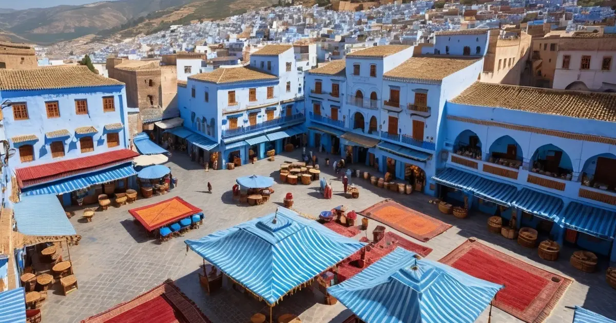 Outa el-Hammam square Chefchaouen marketplace Berber carpets Moroccan crafts spices blue plaza