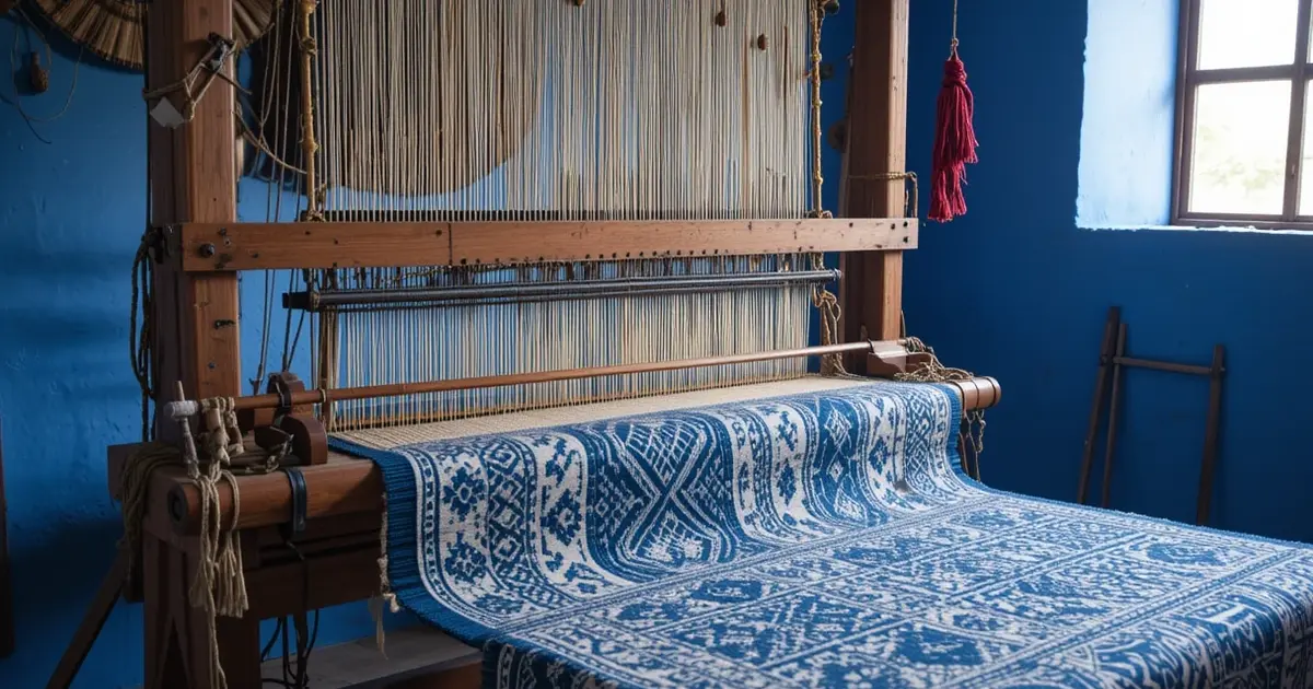 traditional Moroccan loom Berber weaving Chefchaouen blue carpet textile craftsmanship artisanal workshop