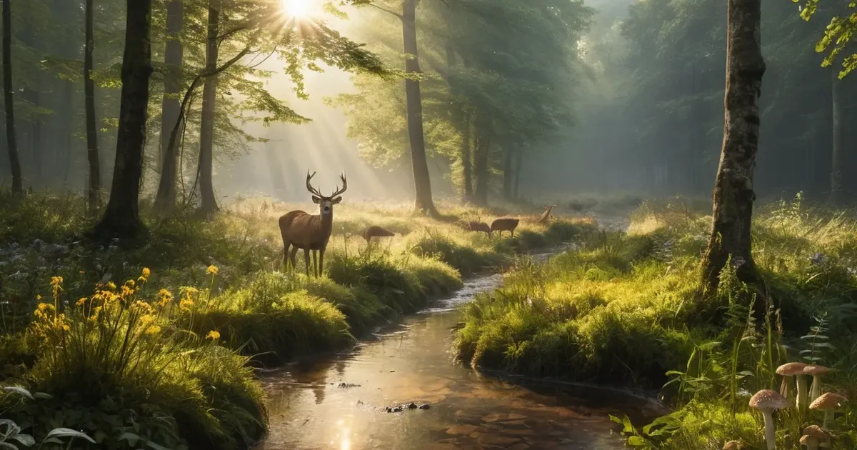 Périgord forest wildlife deer stream misty dawn Dordogne ecosystem biodiversity sustainable tourism