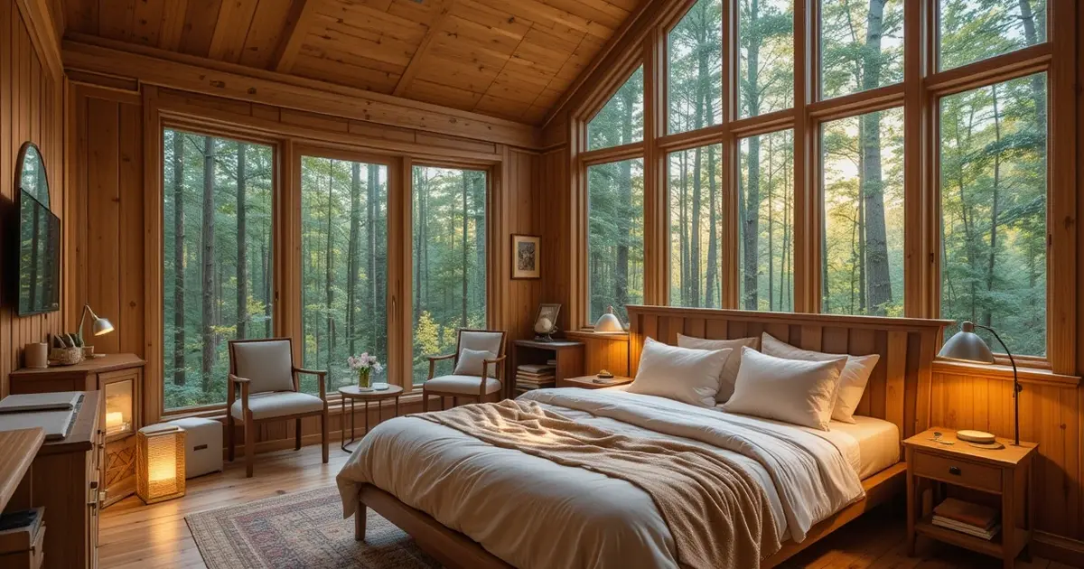 treehouse interior sustainable design Dordogne ecolodge luxury accommodation forest view eco-friendly architecture