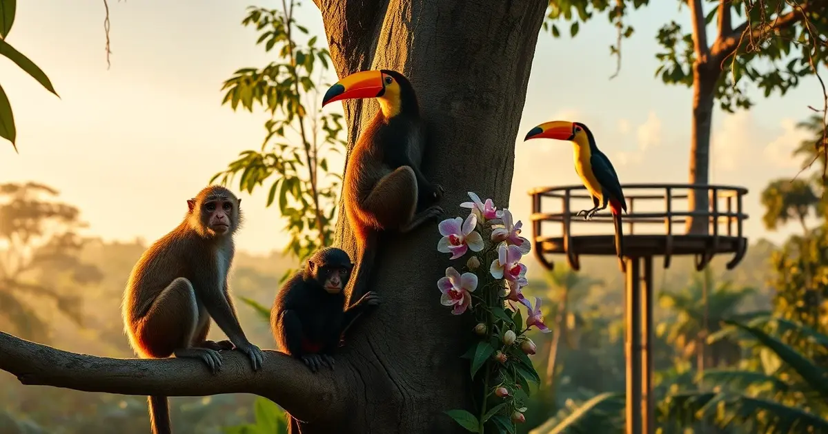 Amazon rainforest canopy wildlife squirrel monkeys toucans Peru biodiversity jungle ecosystem treehouse view