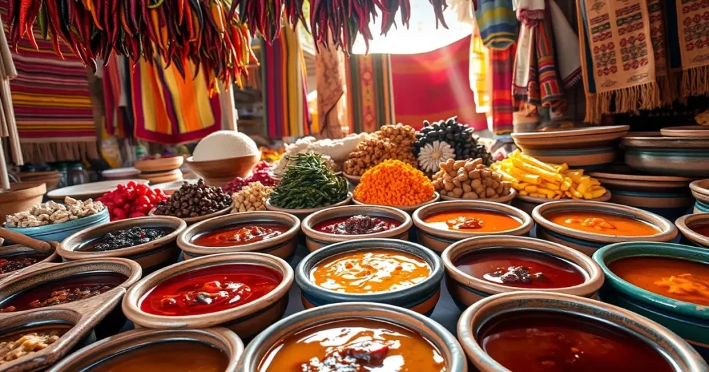 Oaxaca Mexico seven moles traditional market display dried chiles indigenous culinary heritage authentic gastronomy