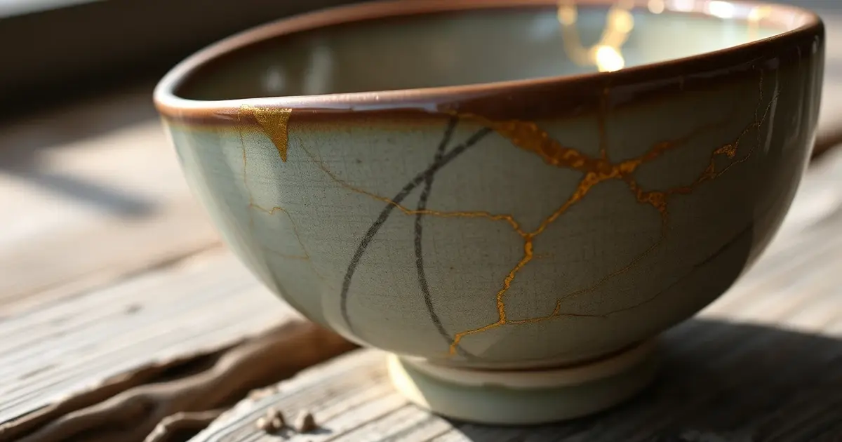 kintsugi gold repair ceramic bowl Japanese art broken pottery celebrated imperfection wabi-sabi philosophy