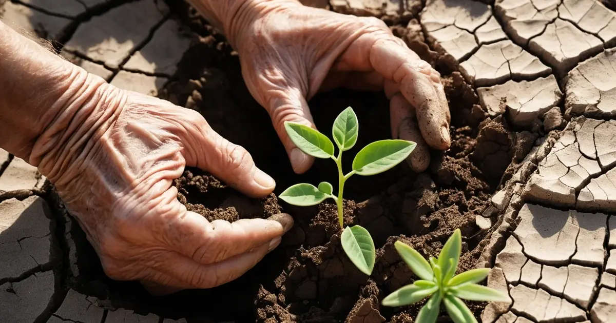 weathered hands seedling cracked earth growth from imperfection renewal acceptance wabi-sabi philosophy