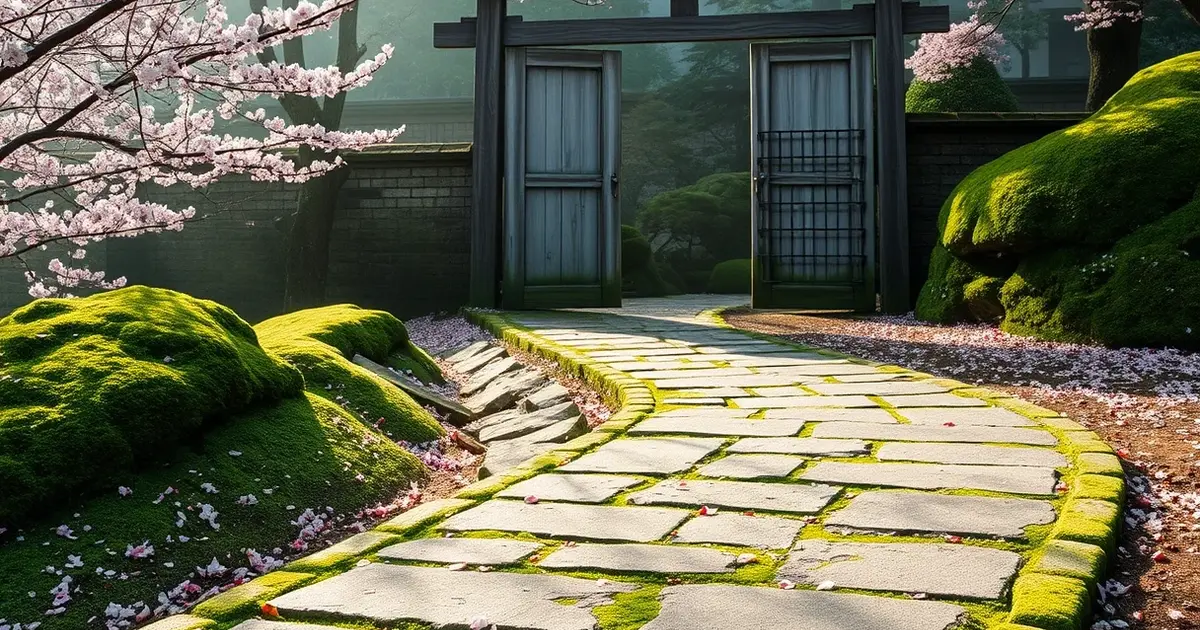 Japanese garden fallen cherry blossoms moss stones weathered gate impermanence natural beauty wabi-sabi philosophy