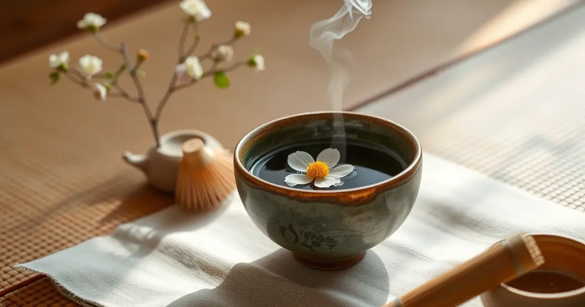 Japanese tea ceremony handmade bowl bamboo whisk seasonal flowers mindful ritual wabi-sabi practice
