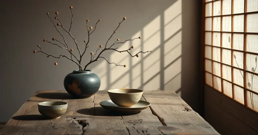 wabi-sabi Japanese aesthetic kintsugi gold-repaired bowl handmade pottery tea ceremony imperfect beauty
