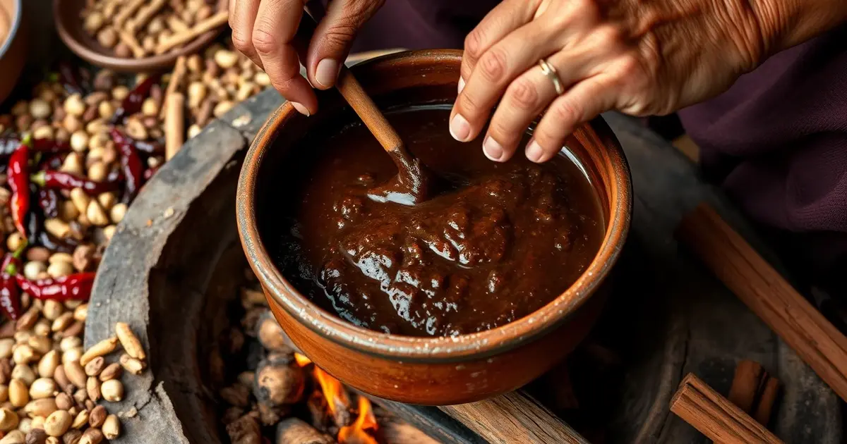 Oaxaca mole negro preparation traditional cooking method clay pot dried chiles chocolate spices authentic Mexican cuisine